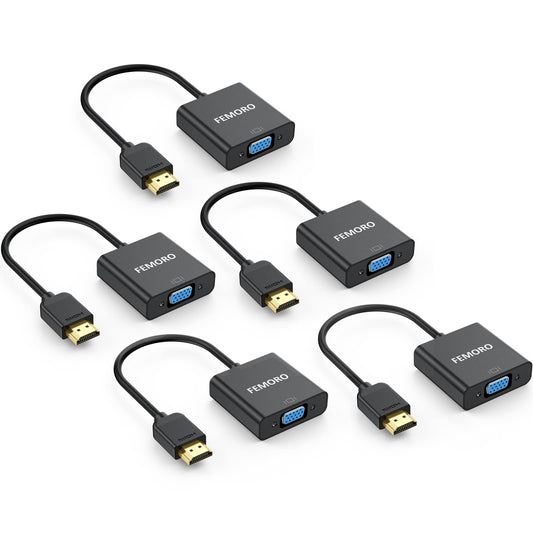 FEMORO HDMI to VGA Adapter Converter 5-Pack (Male to Female) for Computer, Desktop, Laptop, PC, Monitor, Projector, HDTV, Chromebook, Raspberry Pi