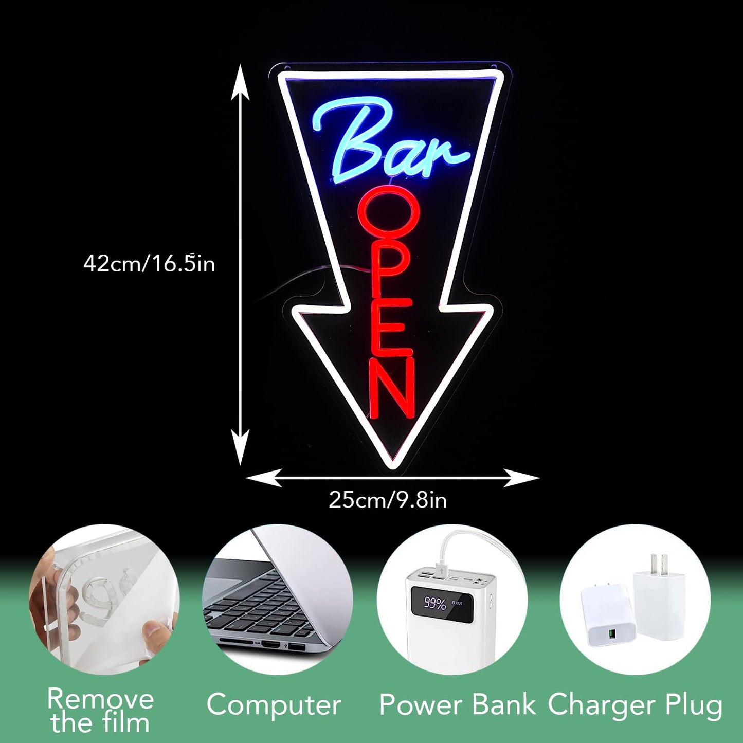 JLEWUINH Bar Open Neon Sign USB Powered Open Arrow Guide Neon Sign for Bar Decor Dimmable Switch Light Up Bar Sign for Club Beer Shop Neon Light (16.5