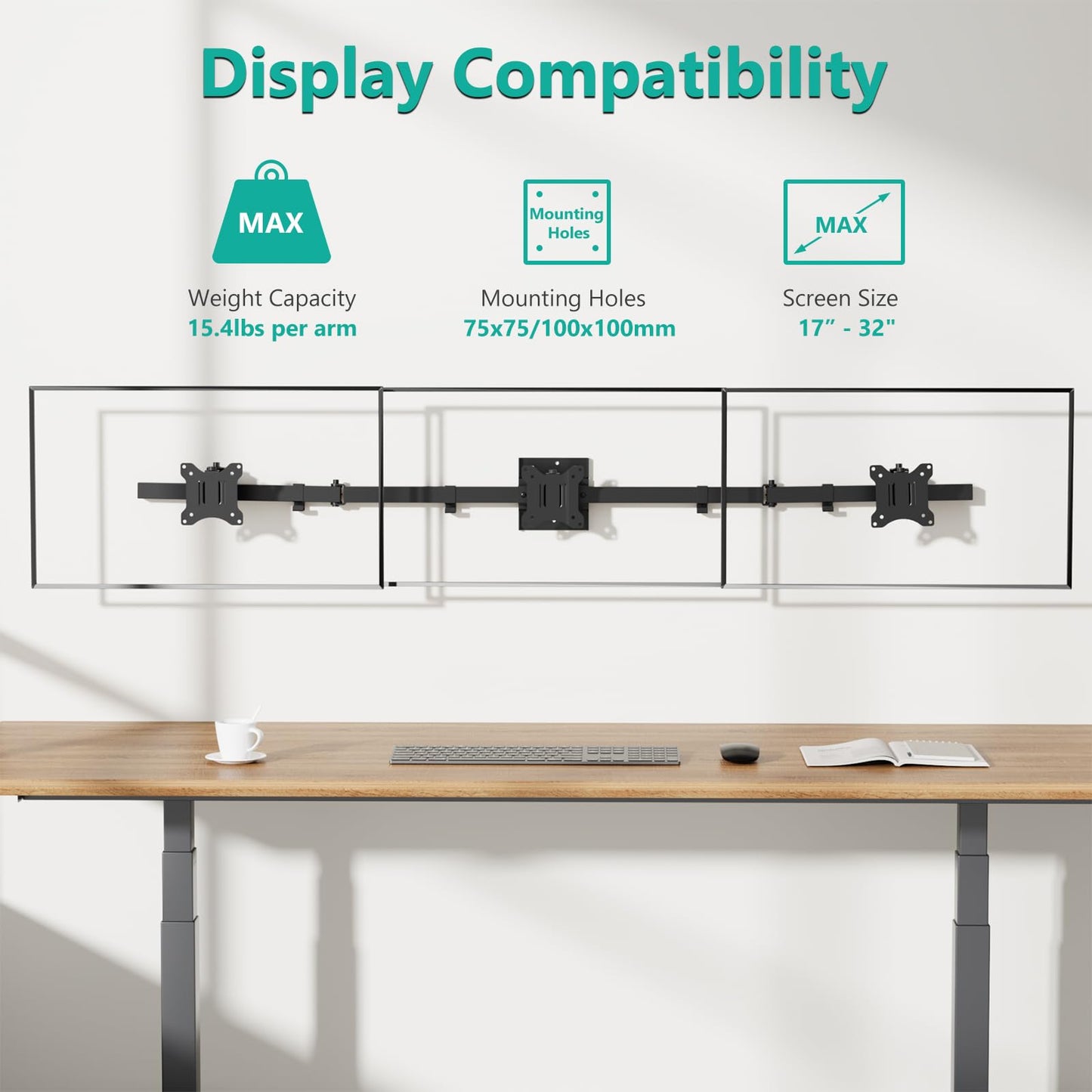 WALI Triple Monitor Wall Mount for 17 to 32 Inch, Computer Monitor Arm for 3 Screens, Swivel Tilt Wall Mount with Mounting Holes 75x75/100x100mm, Per