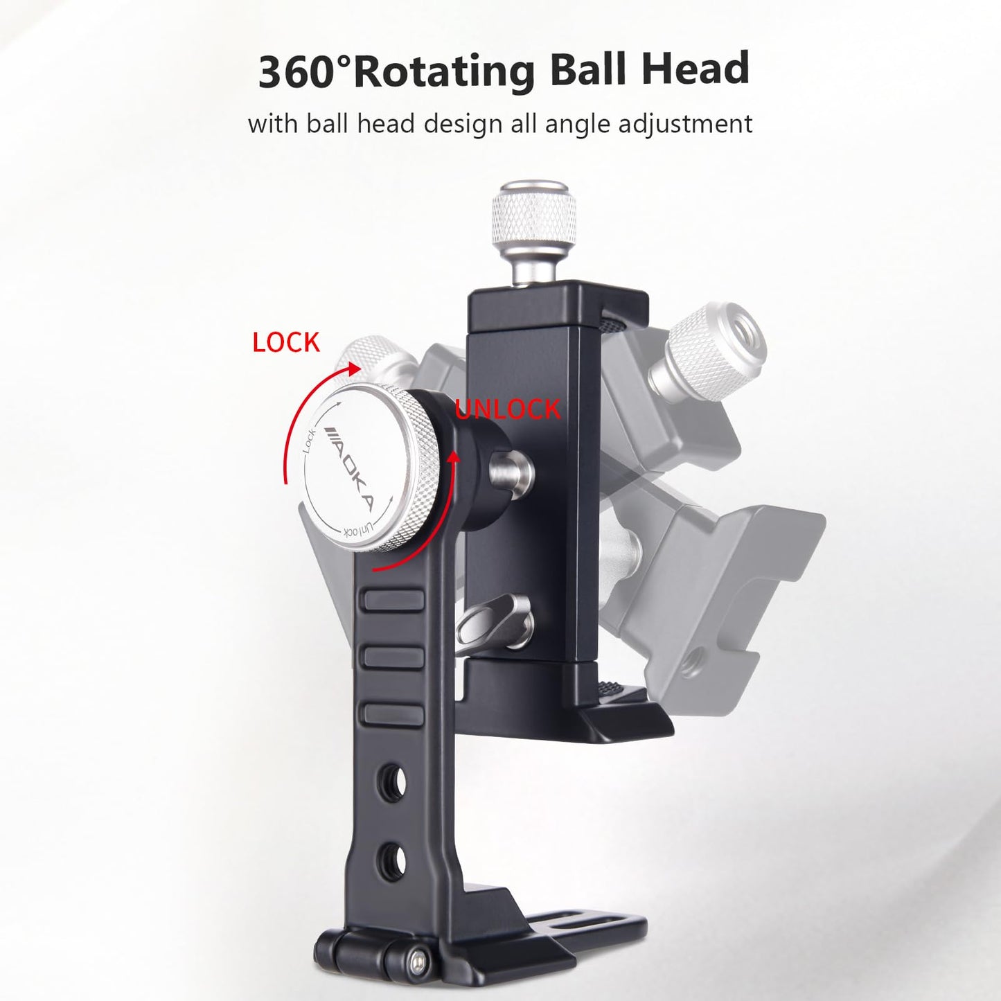 AOKA Metal Phone Tripod Mount, Arca Compatible Base with Cold Shoe, 360° Swivel and 180° Tilt Adjustment, Includes Multiple 1/4 Bolt Expansion Ports