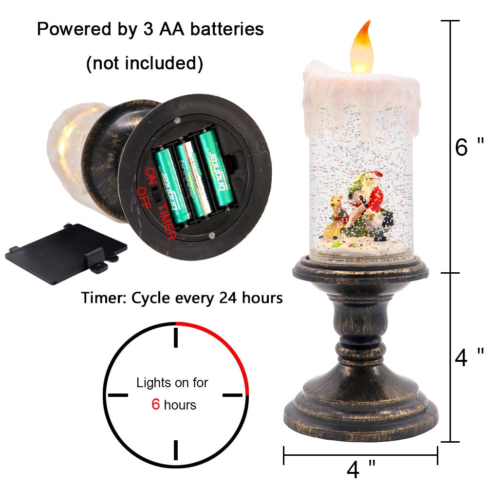 Eldnacele Battery Operated Lighted Flameless Candles Christmas Snow Globe Candle Light Swirling Water Glittering Spinning Candles for Home