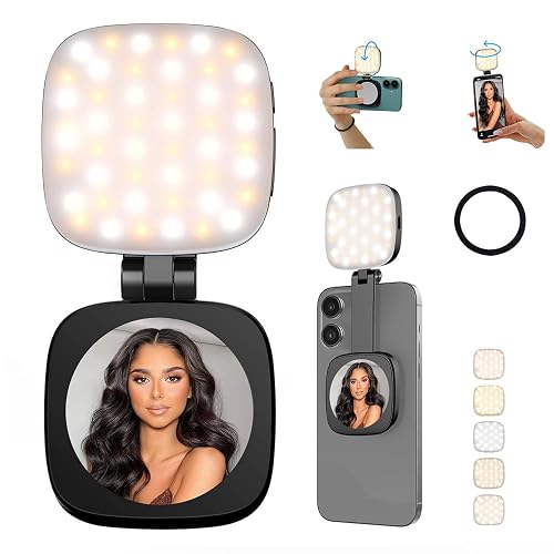 Magnetic Selfie Light Compatible with MagSafe for iPhone - Rechargeable LED Fill Light with Mirror, CRI?95, 5 Color Temps, Foldable Ring Light