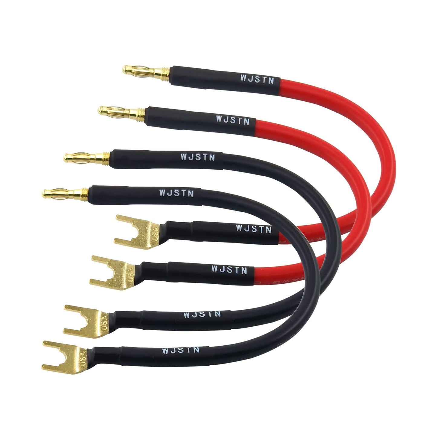 WJSTN 8 in HiFi Banana Plug to Spade Speaker Jumper, 45 Degree U Plug to Banana Plug Connection Cable-4 Pack