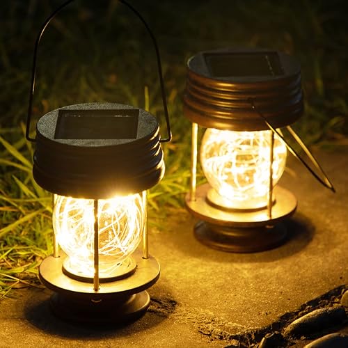 Solar Lanterns Outdoor Hanging Lights,2 Pack Waterproof Landscape Lights Solar Table Lamps with Retro Design, Warm Fairy Lights,Patio, Yard, Garden