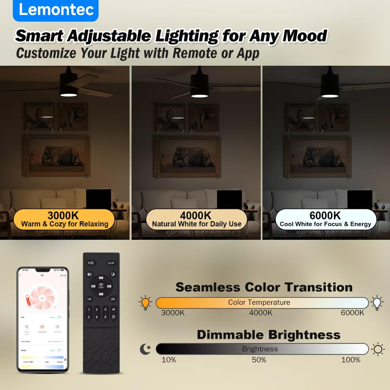 Lemontec Ceiling Fans with Lights 52" Low Profile Indoor Ceiling Fan with Light and Remote/APP Control, Flush Mount, LED Dimmable DC Reversible Modern