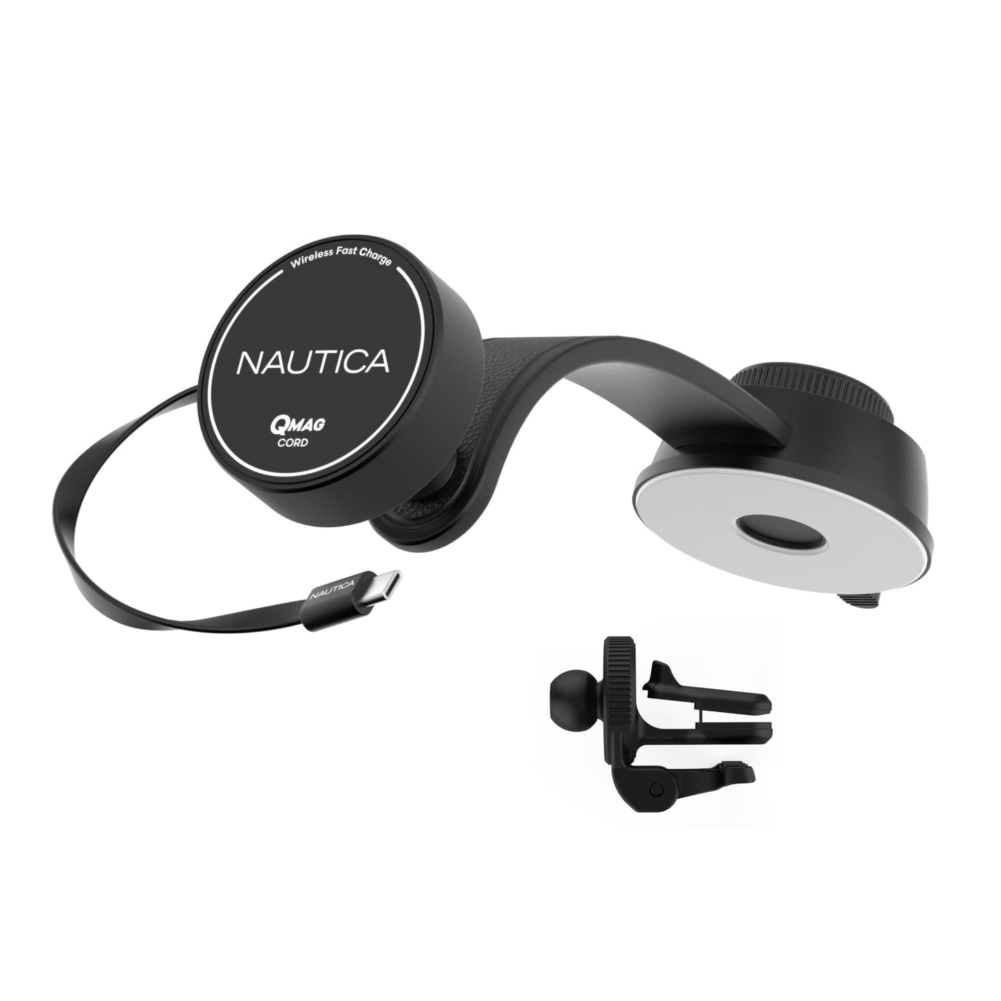 Nautica Turan QMAG Cord - Wireless Magnetic Car Charger 15W with Built-in Retractable USB-C Cable, Universal Fast Charging Phone Mount, Dashboard