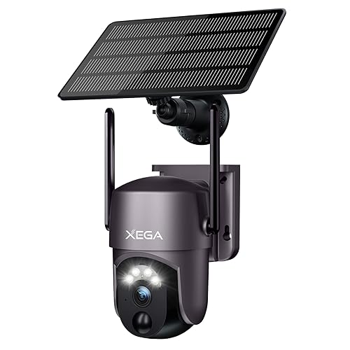 Xega Security Camera Wireless Outdoor 2K 360° PTZ Camera Solar Security Cameras 2.4G WiFi Video Surveillance w/Spotlight & Siren, Color Night Vision
