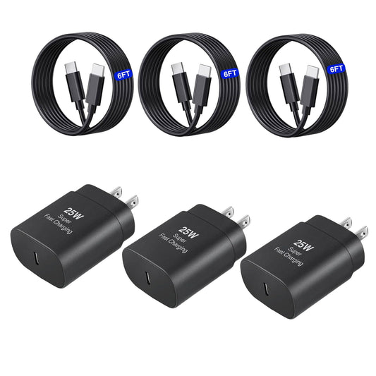 USB C Fast Charger,3 Pack 25W Type C Fast Charger Wall Charger Fast Charging Block with 6ft Cable for Galaxy S24 S23 S22 S21 S20 Ultra S10 S9, Note 20
