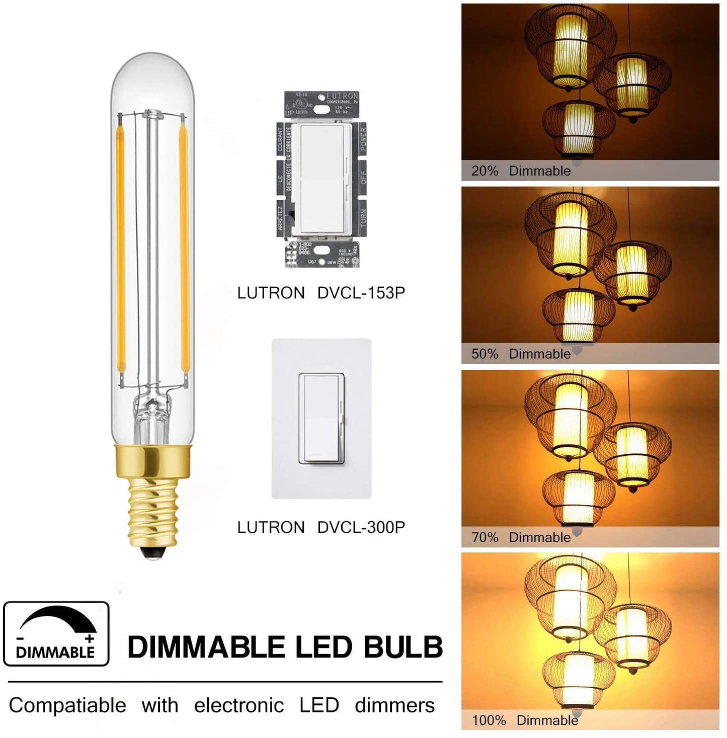LDCHIUEN T20 Dimmable LED Tubular Bulbs, 2W (25W Eq), E12, 2700K, 4-Pack