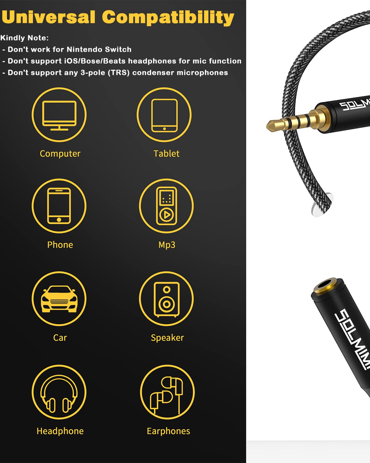 SOLMIMI Headphone Extension Cable 4 Pole 3.5mm TRRS Male to Female Lossless Stereo Audio Cable Extension (4 ft/ 1.2 m) Nylon Braid Aux Cord Extension…