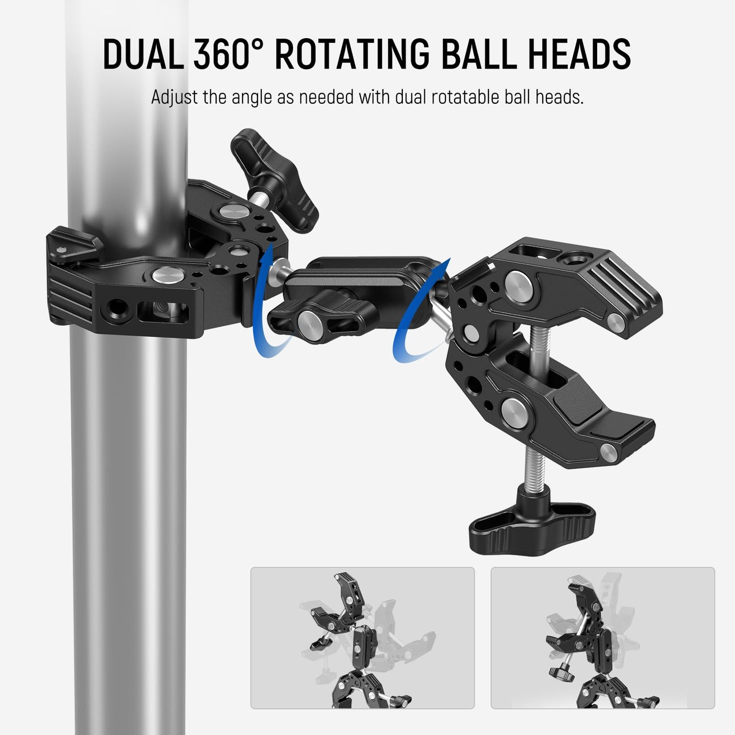NEEWER Double Super Clamp with Magic Arm, Cleaning Cloth, Umbrella Camera Pole Clamp Mount for Desk Photo Studio Light Stand, Reflector, Scrim, Cross