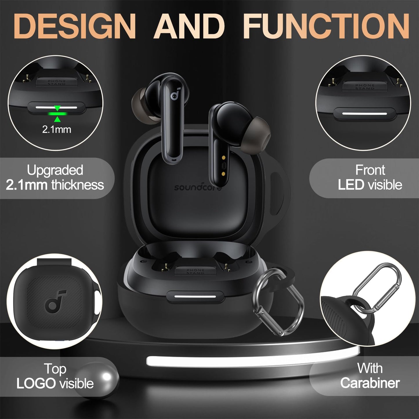 Anker PUCGUE Case Cover for Soundcore P40i, Shockproof Silicone Skin with Carabiner, Front LED & Logo Visible (Black)