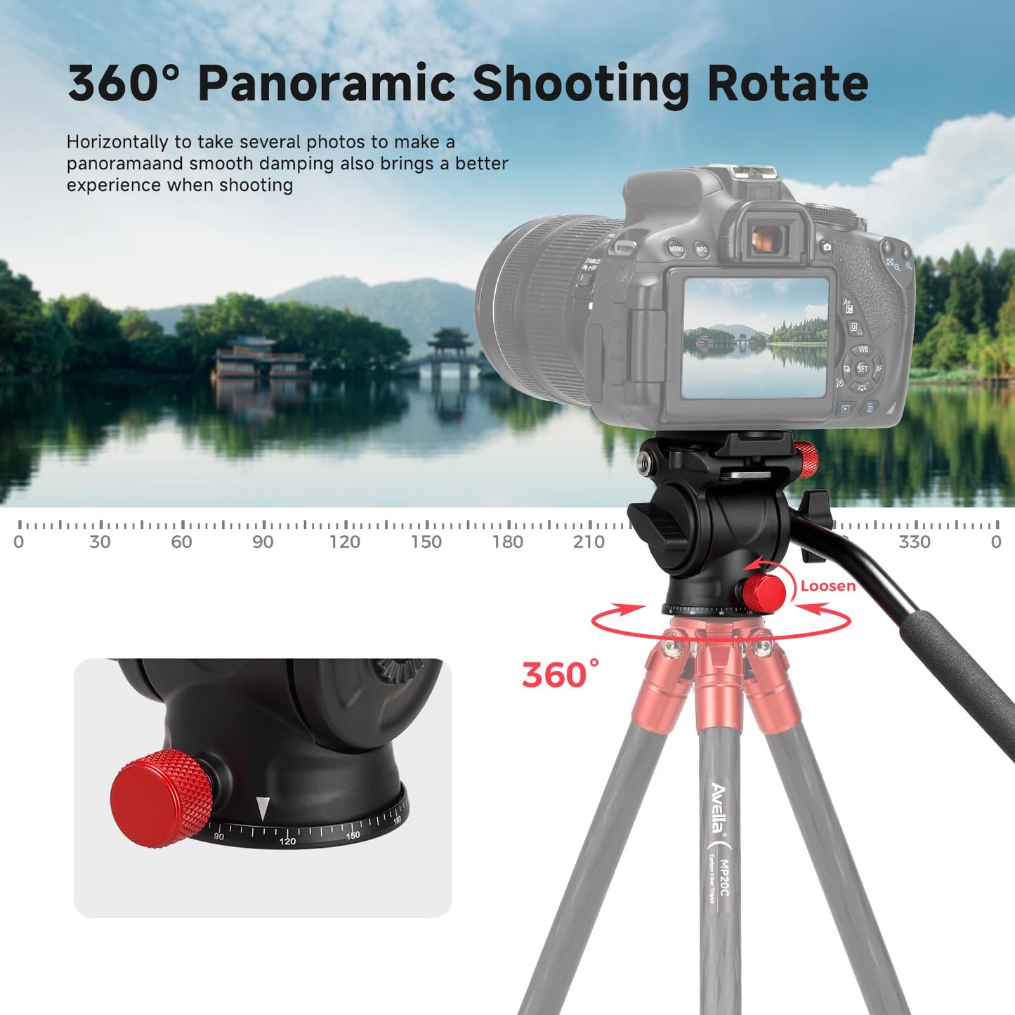 Avella Tripod Fluid Head Pan Tilt Head with Arca Type Quick Release Plate and Handle, Metal Panorama Head with Scaled Base for Compact Video Camera