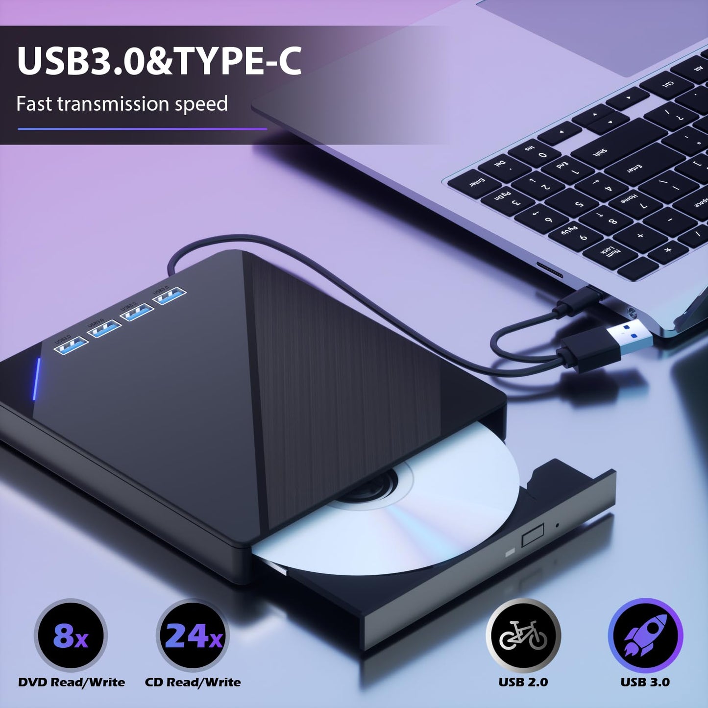 TYYWGD 7 IN1External CD/DVD Drive for Laptop, CD Burner CD/DVD +/-RW Optical Drive, Slim Portable DVD CD ROM Rewriter Writer Duplicator for Laptop