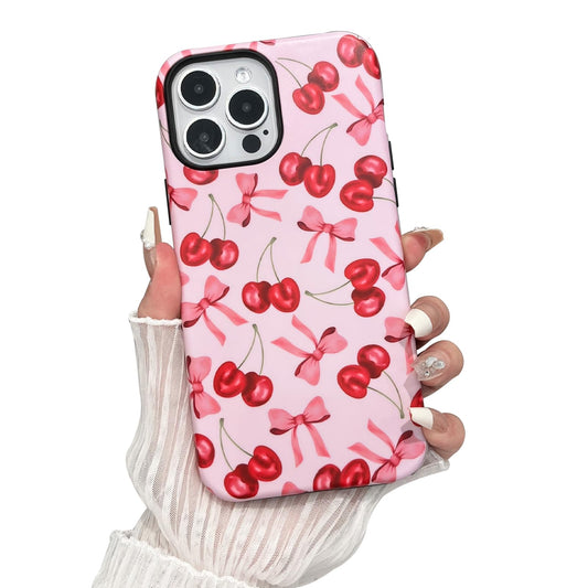branple Compatible with iPhone 12 Pro Max Case,Cute Pink Cherry Bow Pattern with Shockproof Slim Soft TPU and Hard PC Protective Cover for Women