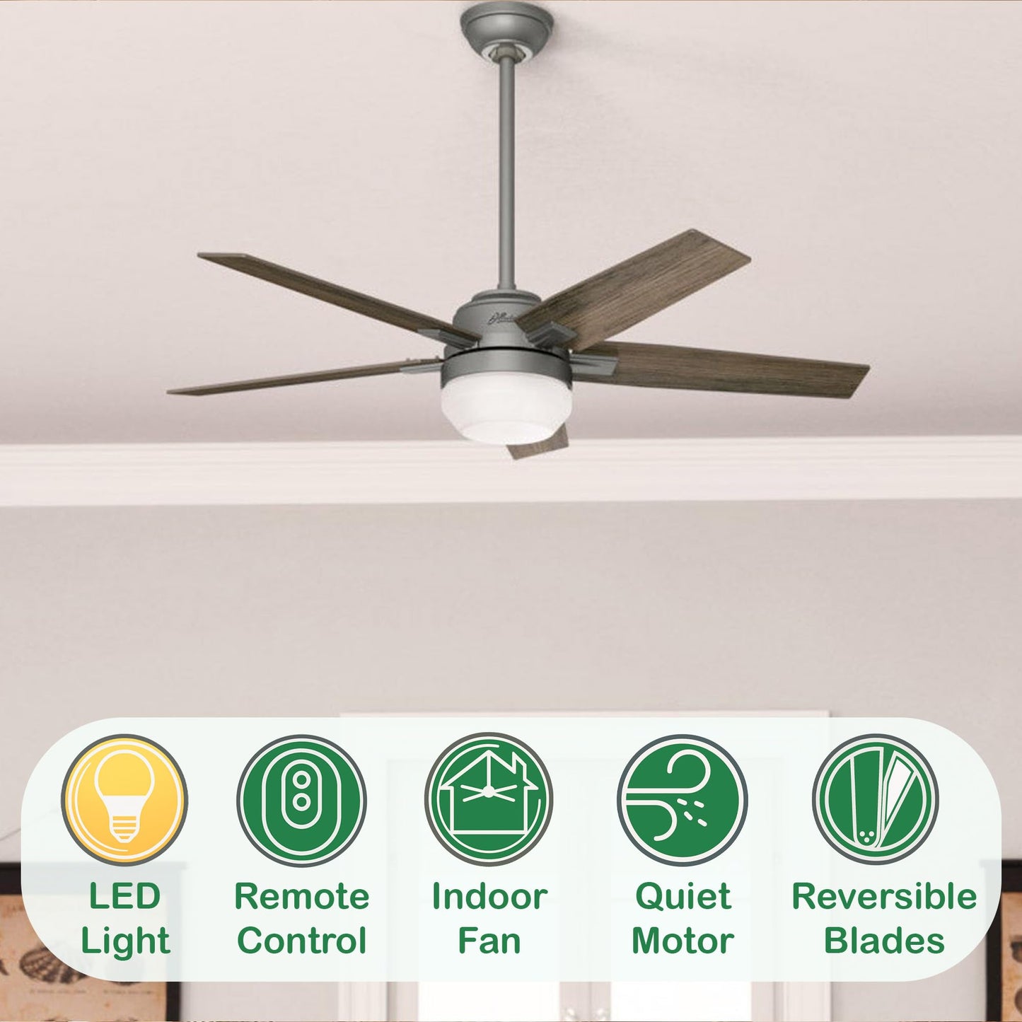 Hunter Fan 52 Inch Matte Silver Indoor Ceiling Fan with Lights and Remote Control for Kitchen, Bedroom, Living Room (Renewed)
