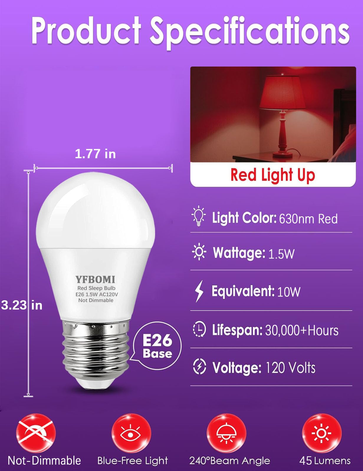 Red Light Bulbs for Sleep, A15 1.5W (15W equivalent), 100% Blue Light Blocking 630nm Red LED Bulbs, 120V E26 Base Low Wattage Bulbs,for Bedroom Sleep