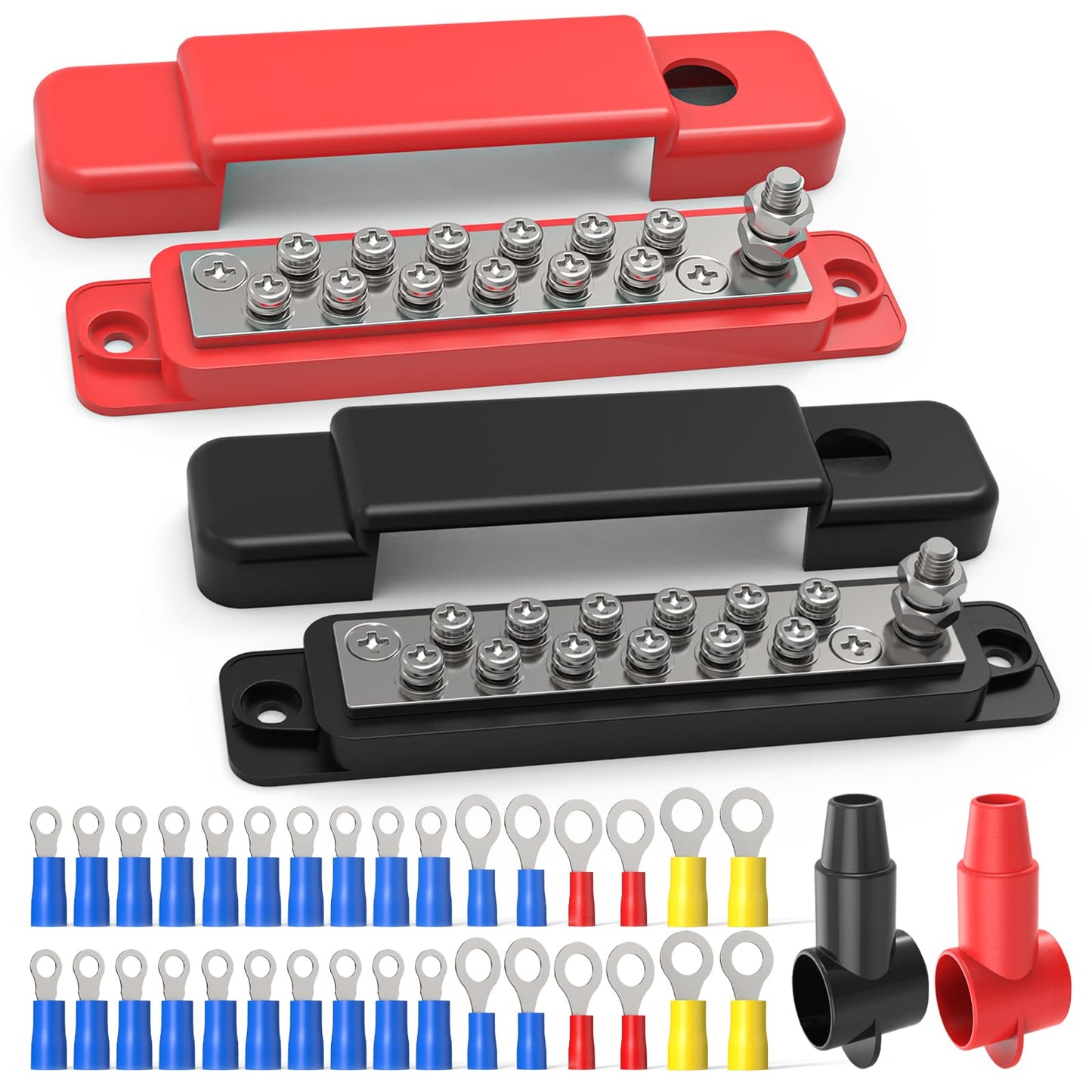 Buhobha 150A 12V/48V Heavy Duty Power Distribution Busbar - Bus Bar 12 Volt DC | 1/4" (M6) Main Stud + 20 M4 Terminals | Suitable