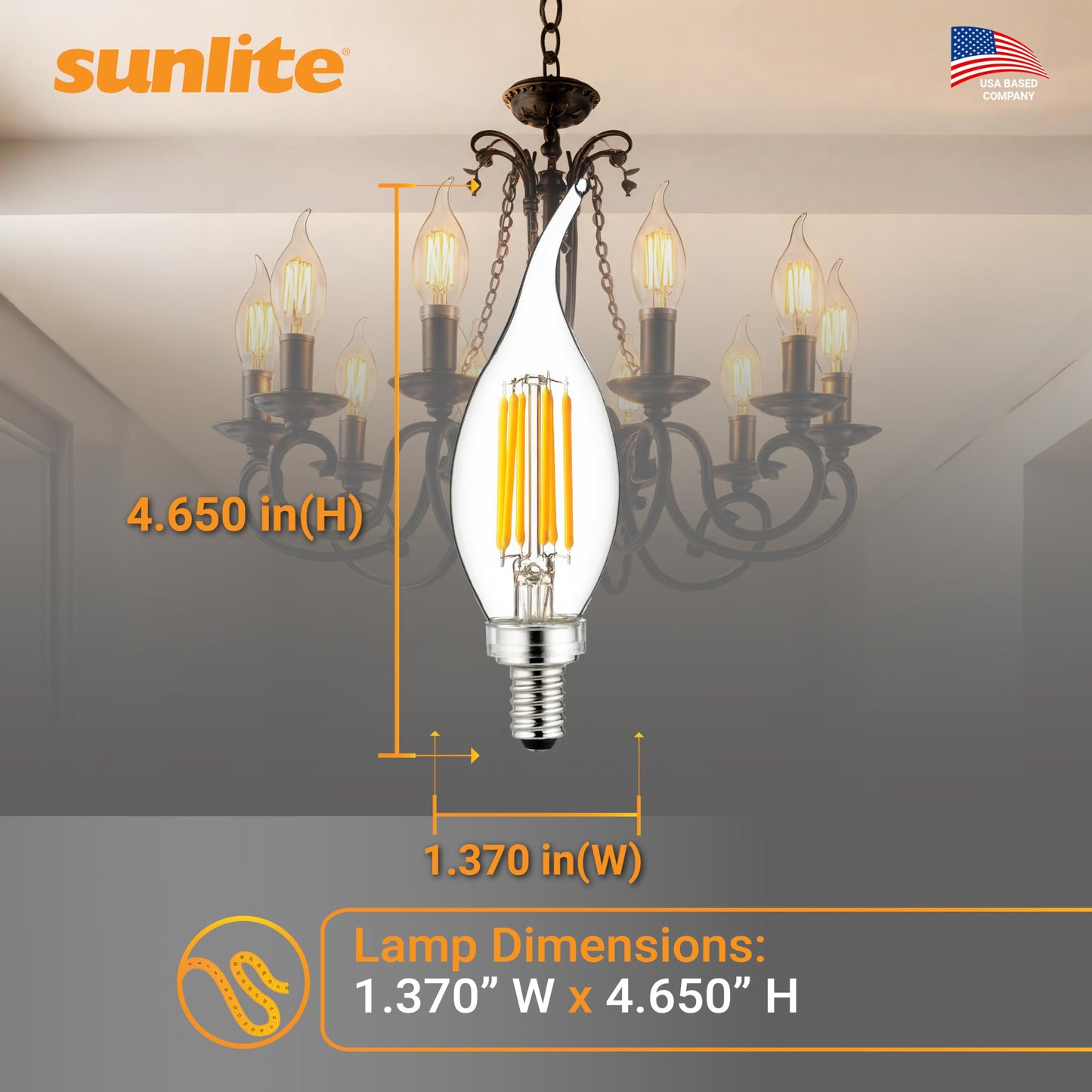 Sunlite LED Filament CA11 Flame Tip Chandelier Light Bulb, 5 Watts (60W Equivalent), 600 Lumens, Candelabra Base (E12), Edison Style, Dimmable, ETL