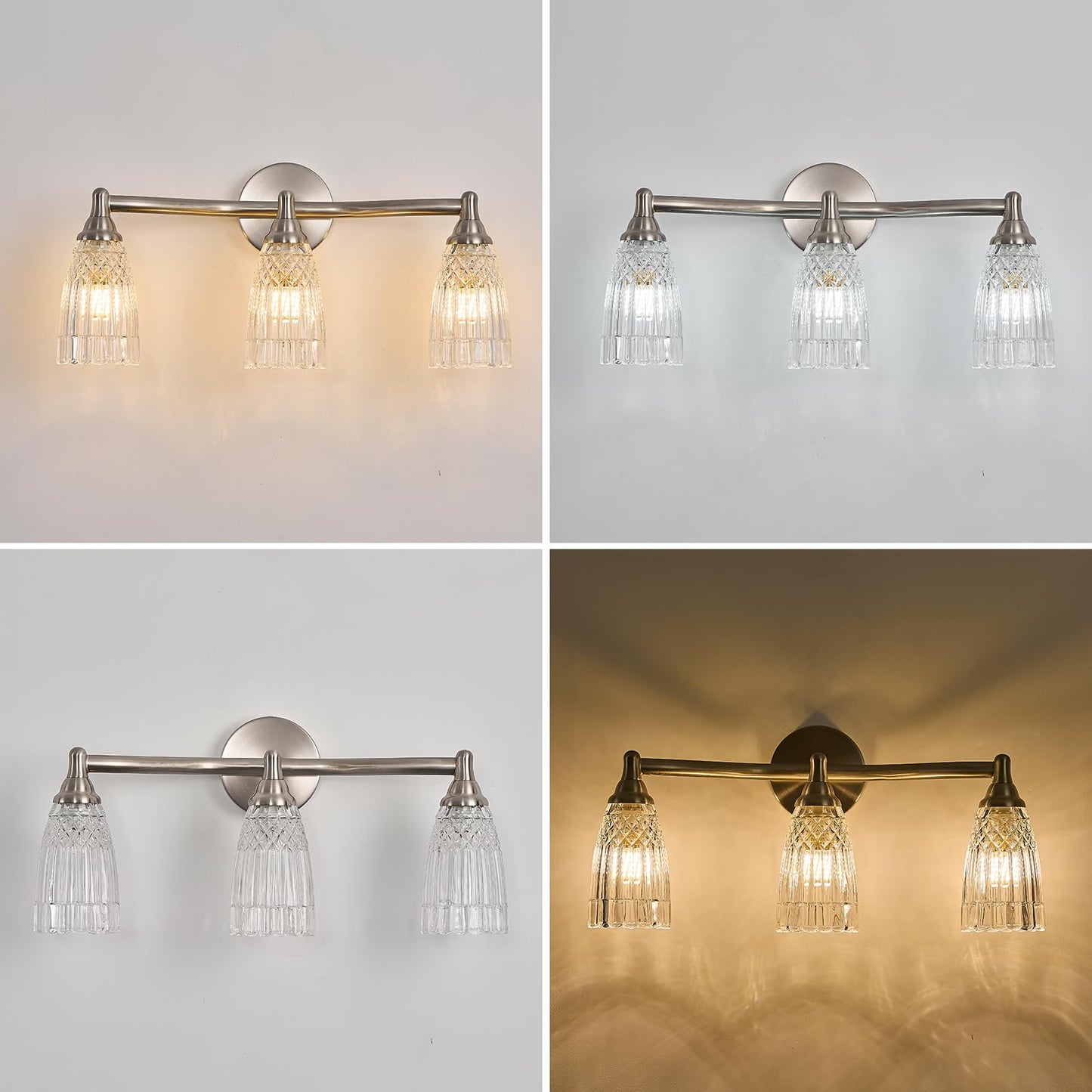 HDDFL Brushed Nickel Bathroom Vanity Light Fixture 3 Lights Modern Glass Wall Sconce for Bedroom Bath Living Room Hallway