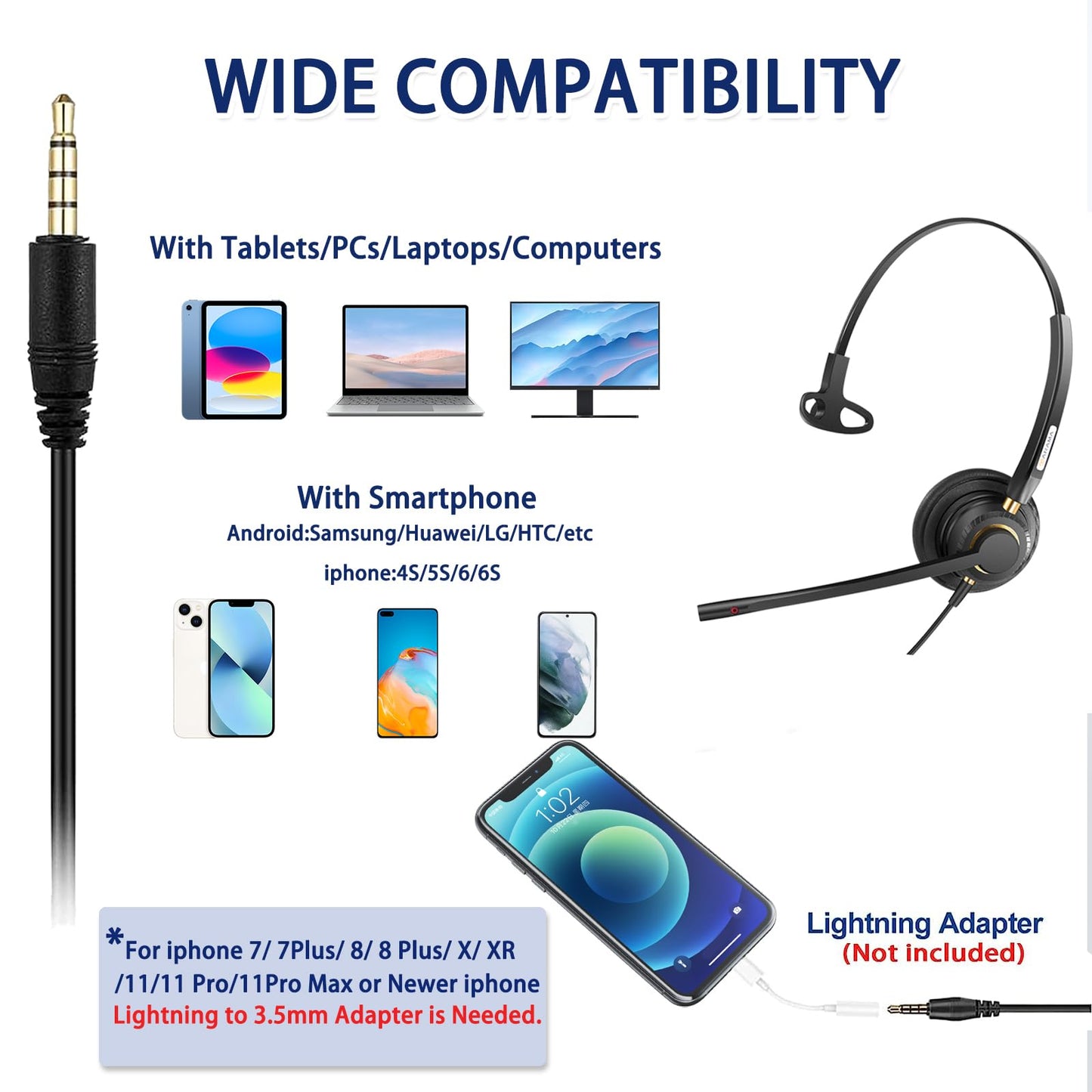 Arama Cell Phone Headset with Mic Noise Canceling, 3.5mm Wired Headset for iPhone Samsung PC iPad, Computer Headset for Skype for Business Office