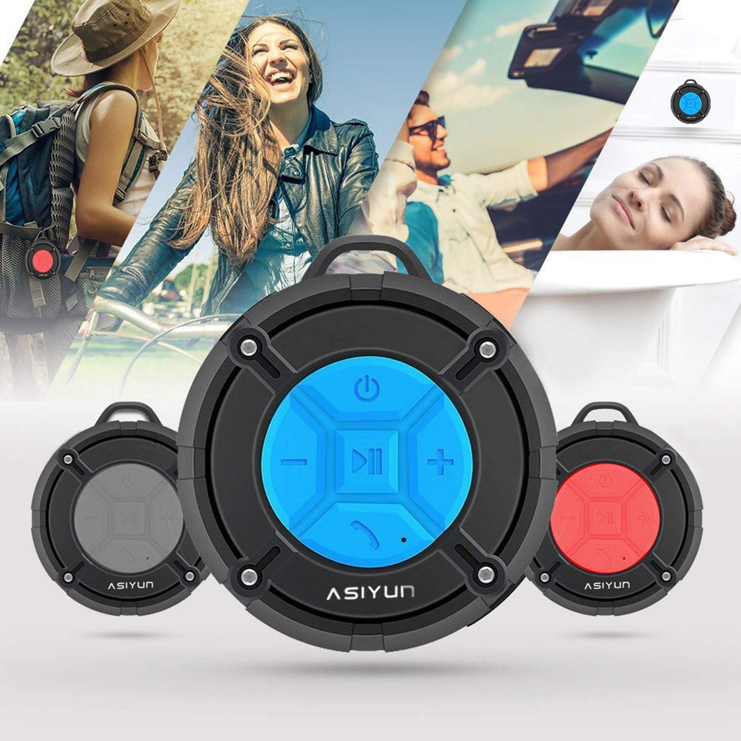 ASIYUN Shower Speaker, IPX7 Waterproof Bluetooth Speaker with HD Bass, Suction Cup & Durable Hook, Built-in Mic for Hands-Free Calls, Pool, Beach
