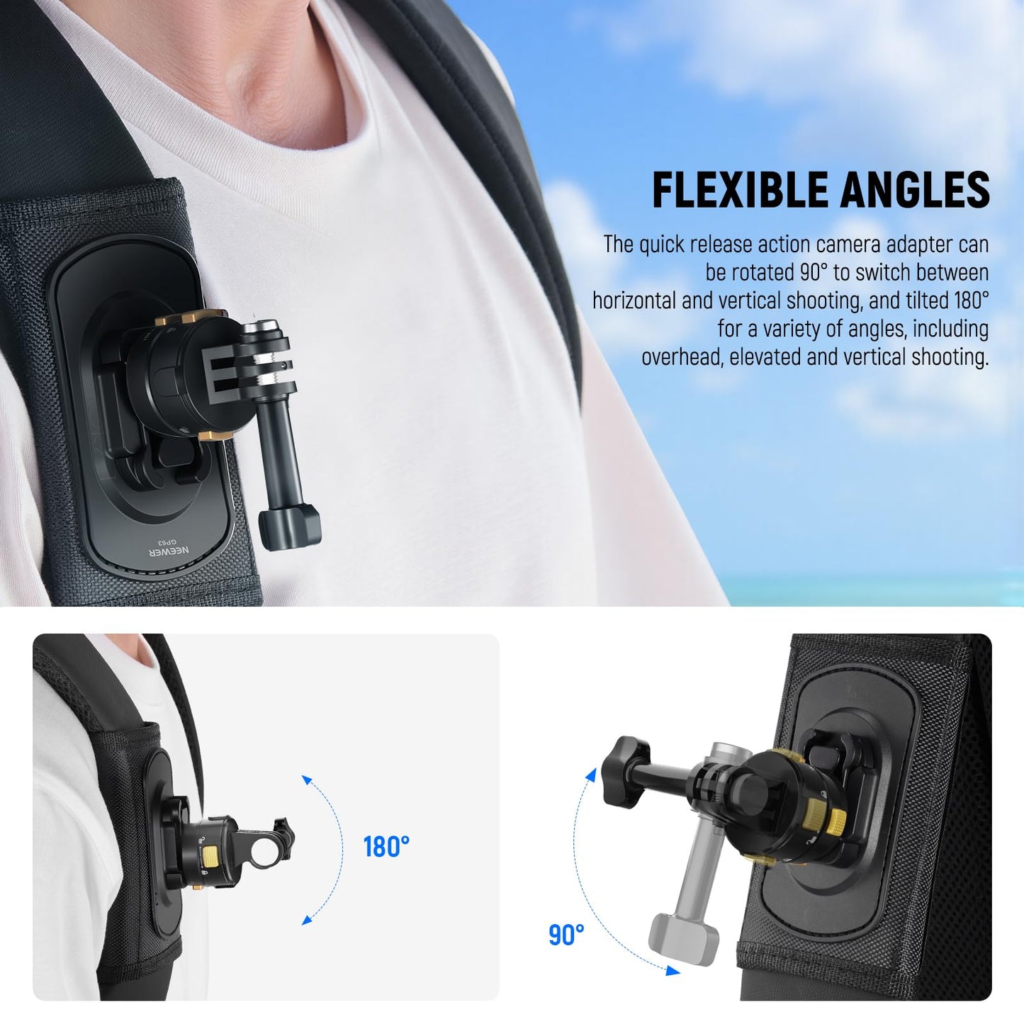 NEEWER Backpack Shoulder Chest Strap Mount Compatible with GoPro DJI Insta360 Action Cameras, 360° Camera Backpack Clip Holder Quick Release & One