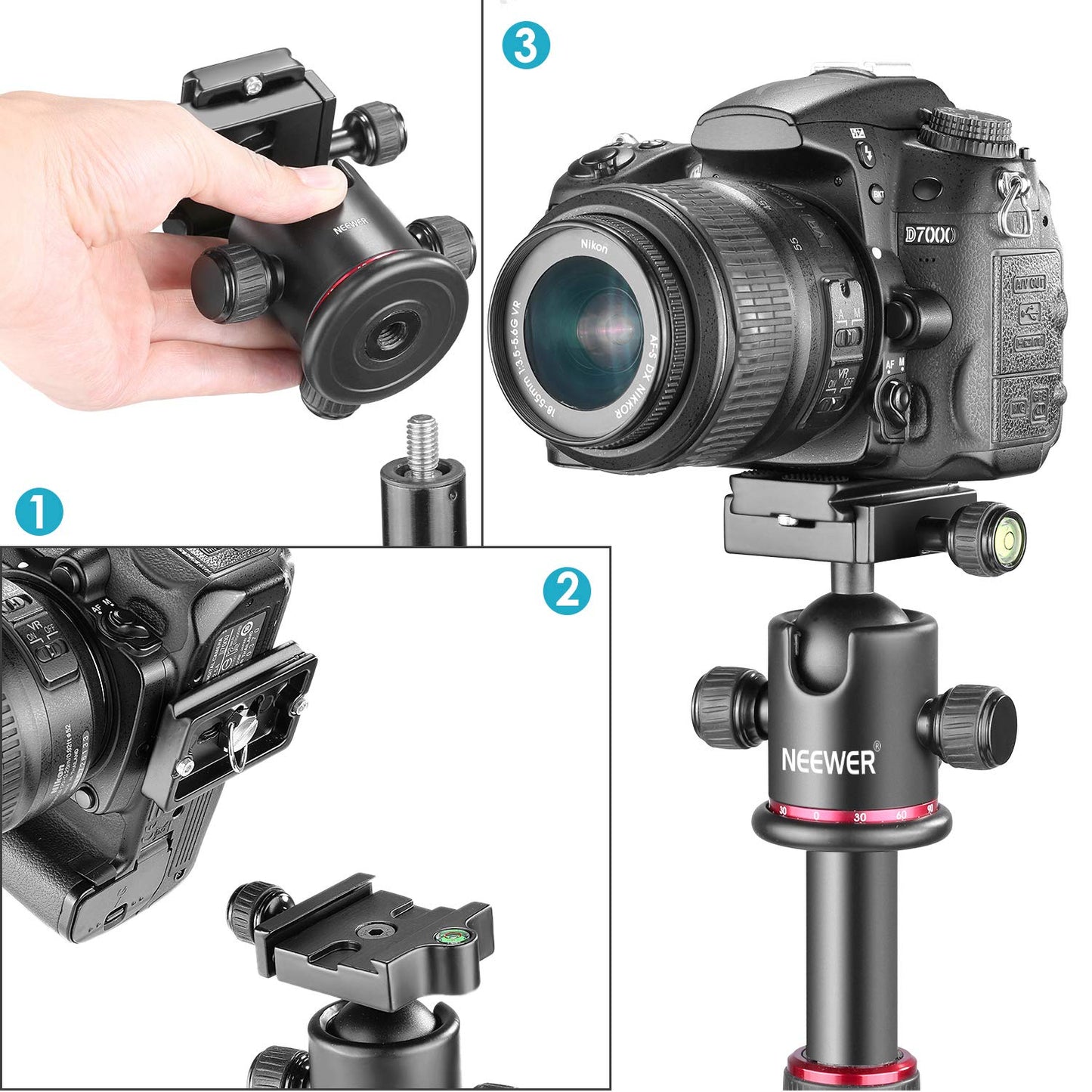 Neewer Professional Metal 360 Degree Rotating Panoramic Ball Head with 1/4 inch Quick Release Plate and Bubble Level,up to 17.6pounds/8kilograms,for