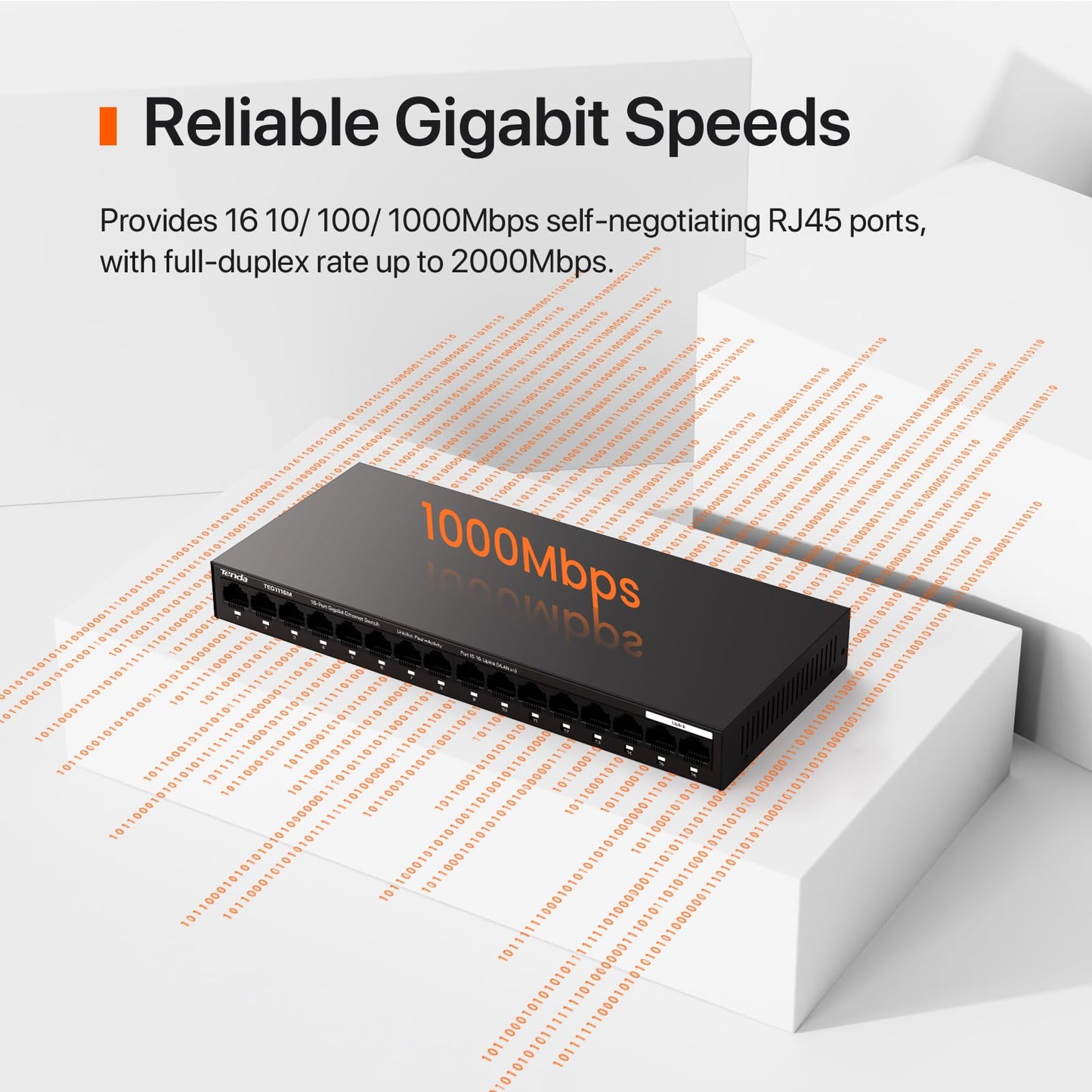 Tenda TEG1116M 16 Port Gigabit Switch, Unmanaged Ethernet Switch with Traffic Optimization, Plug & Play, Fanless & Metal Design Network Switch