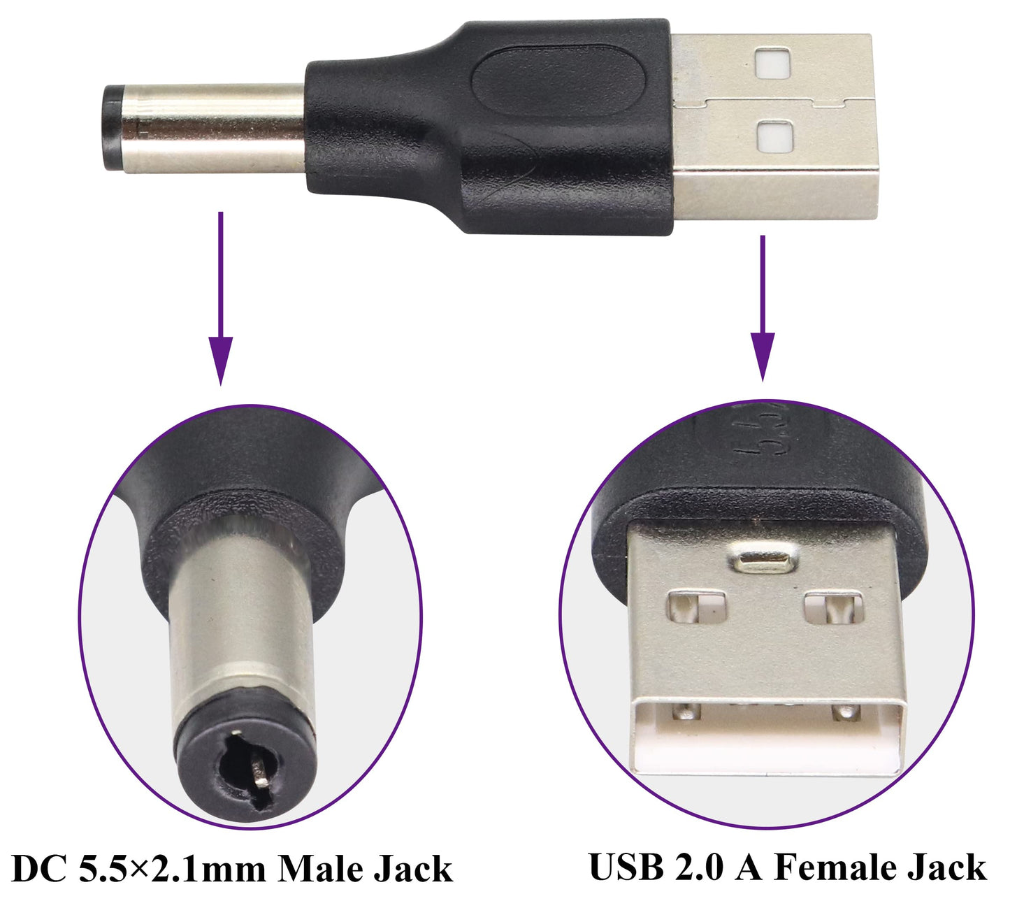AAOTOKK (2 Pack 5V DC to USB Adapter DC5.5 × 2.1 mm Power Converter Plug USB 2.0 A Male to DC 5.5×2.1mm Male DC Barrel Power Plug Charger Cord…