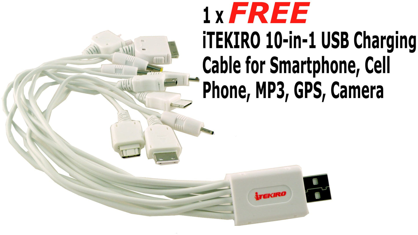 iTEKIRO AC Wall DC Car Battery Charger Kit for Sharp VL-NZ50 VL-NZ50H VL-NZ50S VL-NZ50U VL-NZ55 + iTEKIRO 10-in-1 USB Charging Cable