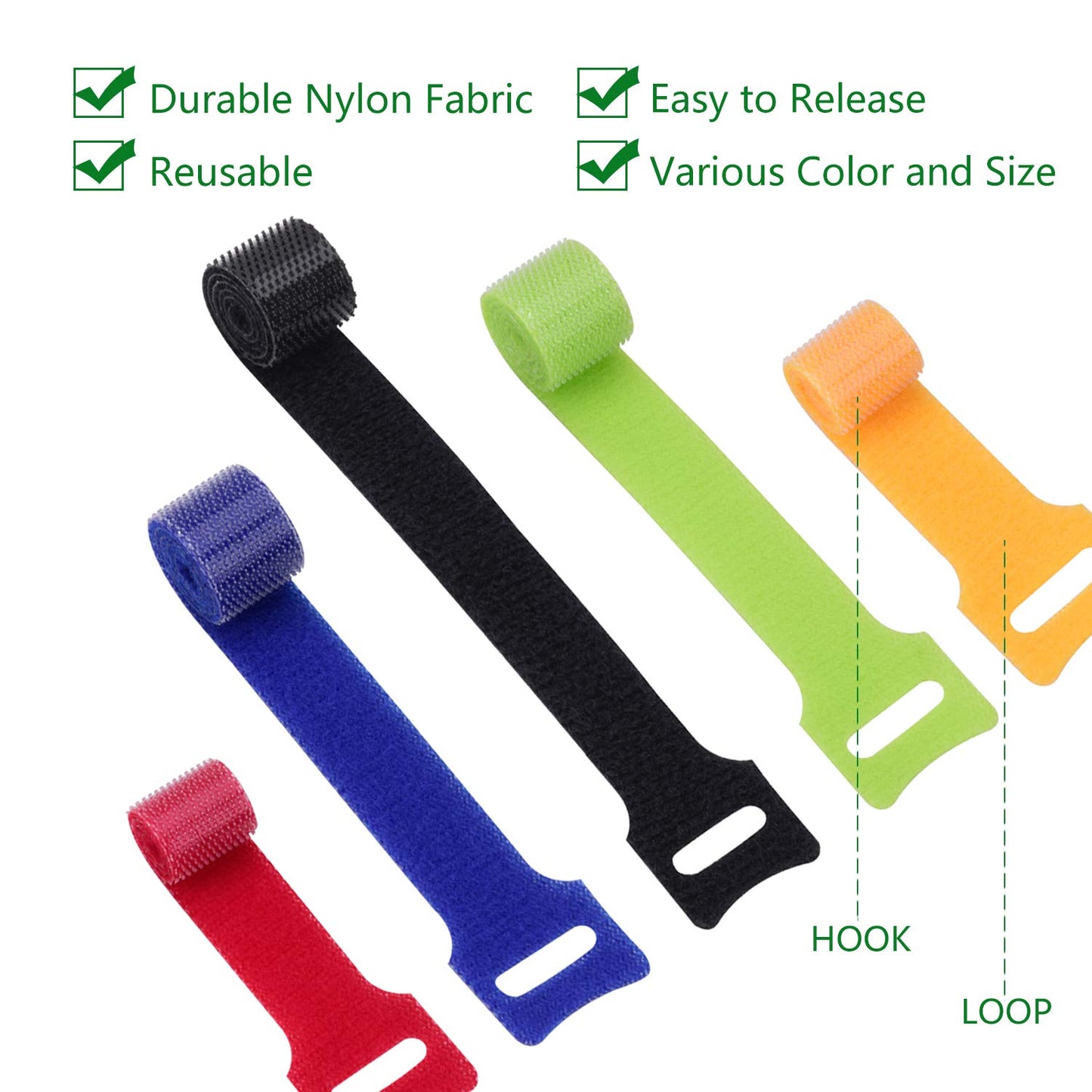 OneLeaf 60 Pcs Reusable Fastening Cable Ties with Hook and Loop, Multi-Purpose Cable Straps Wire Ties Cable Management, Adjustable Cord organizer Ties