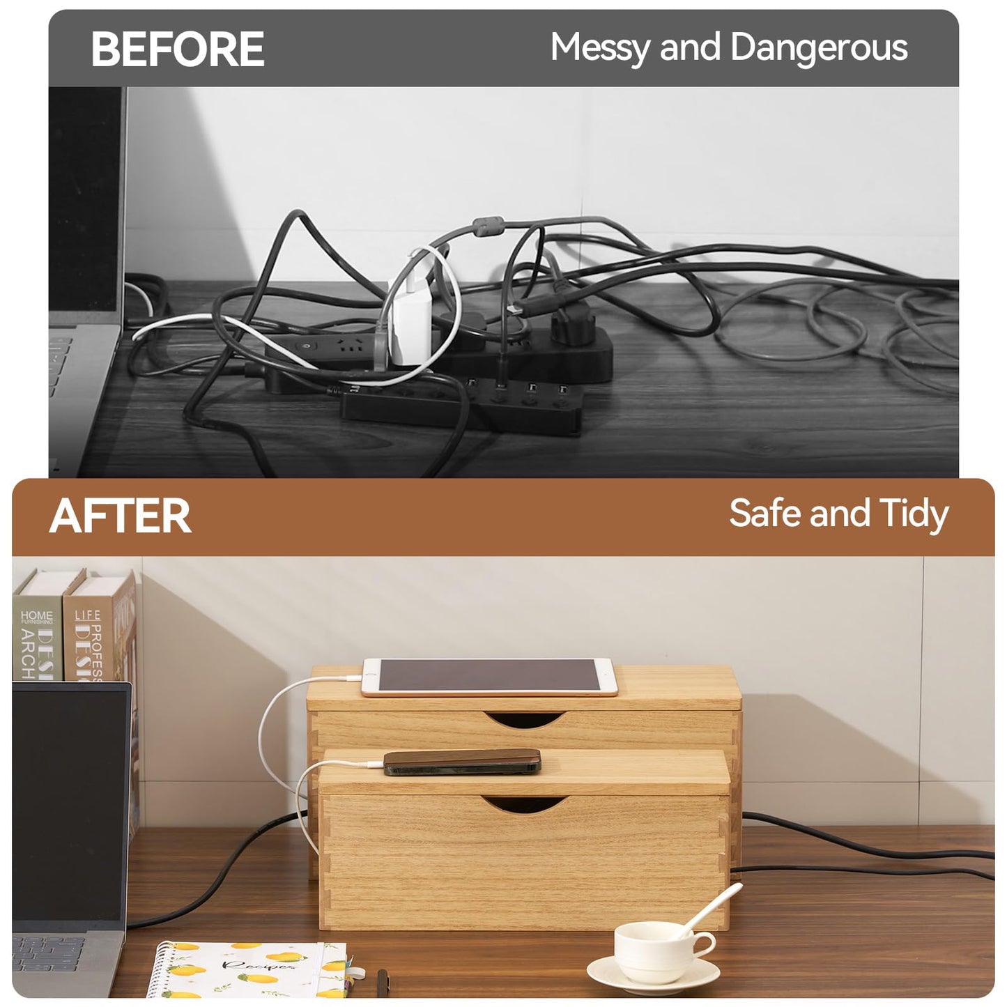 KIRIGEN Cable Management Box Wooden Cord Organizer Hide Power Strip Desk Wires Protector for Home Office TV Computer (DXH2T-NA)