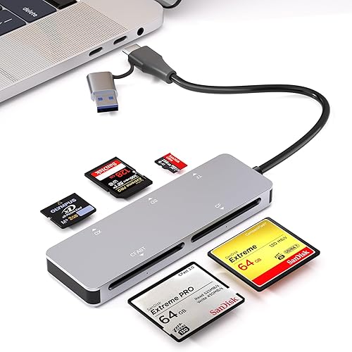 CFast 2.0 Card Reader, 5-in-1 USB A & USB C CFast Card Reader/SD/Micro SD/XD/CF Card Reader, 5Gbps Multi Memory Card Adapter Simultaneous Read