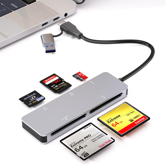CFast 2.0 Card Reader, 5-in-1 USB A & USB C CFast Card Reader/SD/Micro SD/XD/CF Card Reader, 5Gbps Multi Memory Card Adapter Simultaneous Read
