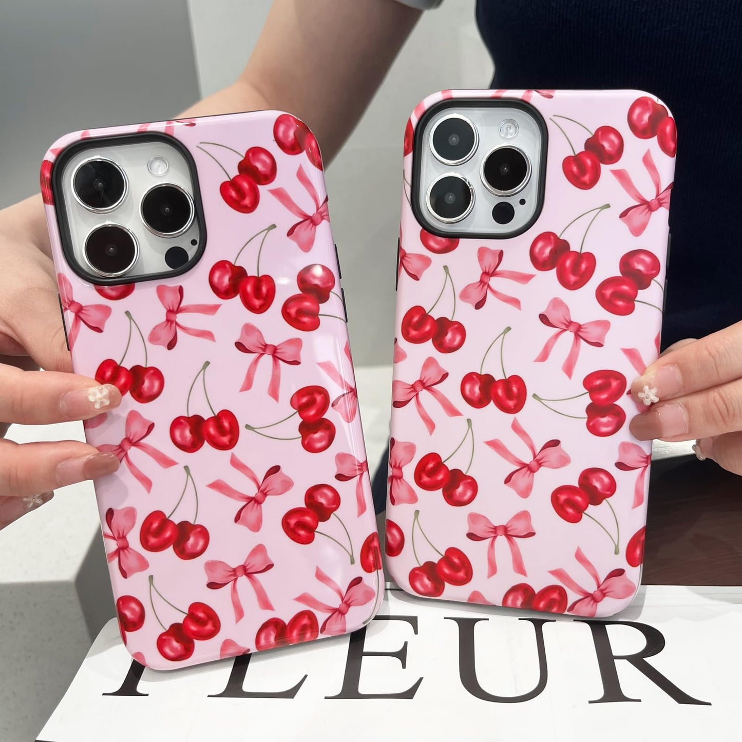 branple Compatible with iPhone 12 Pro Max Case,Cute Pink Cherry Bow Pattern with Shockproof Slim Soft TPU and Hard PC Protective Cover for Women