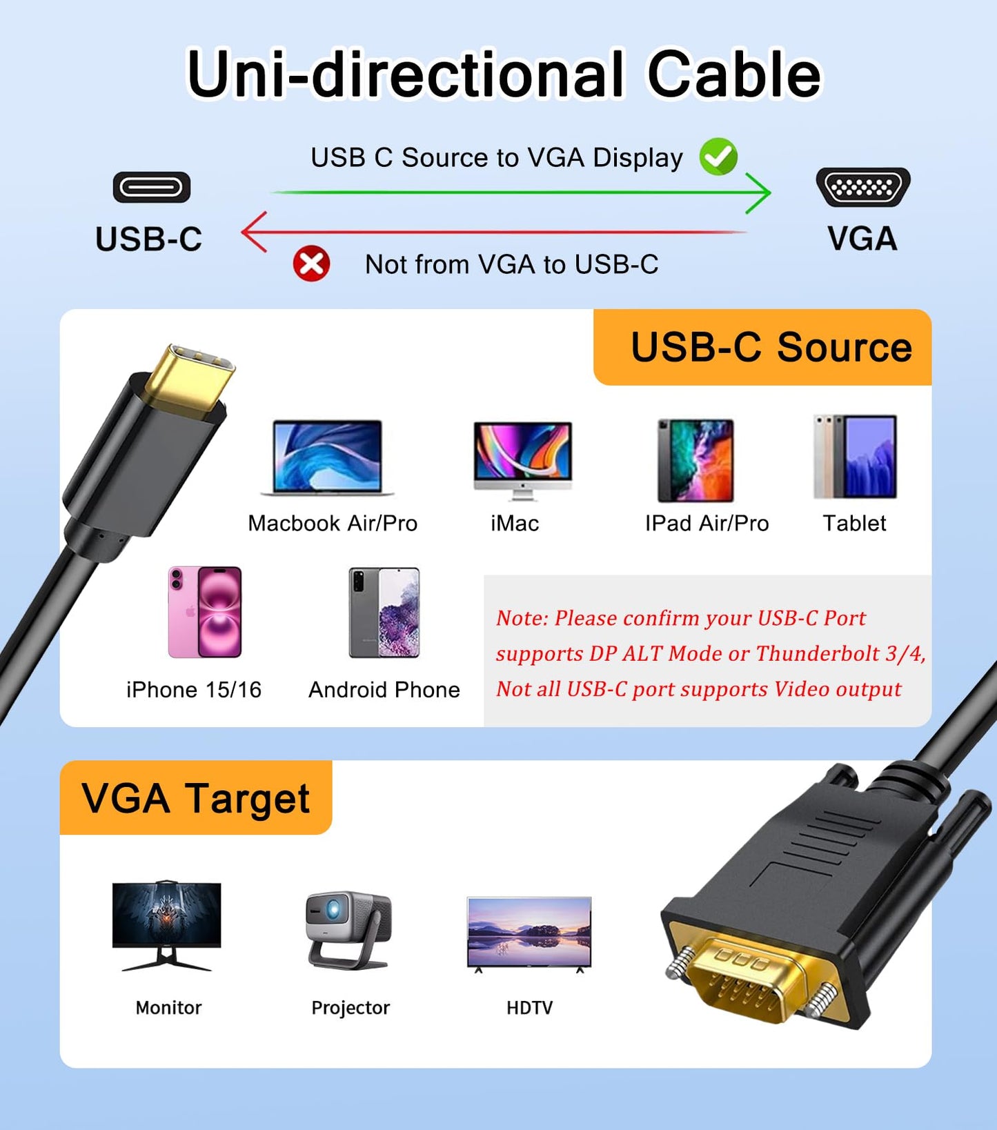 USB C to VGA Cable 6FT, 1080P@60Hz USB Type C to VGA Adapter Video Converter [Thunderbolt 3/4 Compatible] with Macbook Air, iPad Pro, iPhone 15/16