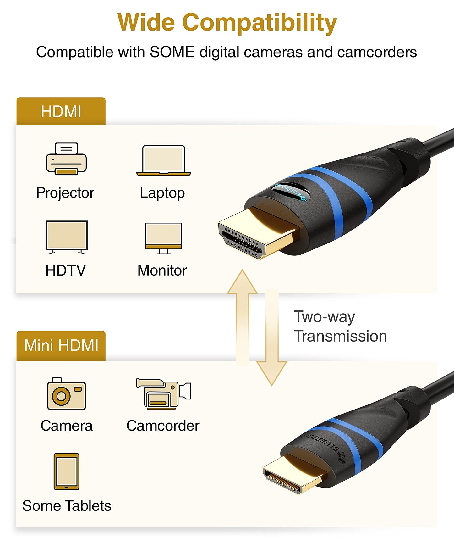 BlueRigger Mini HDMI to HDMI Cable (10FT, 4K 60Hz HDR, Bidirectional High Speed HDMI 2.0 Cord, Ethernet, Audio Return) Compatible with DSLR Camera