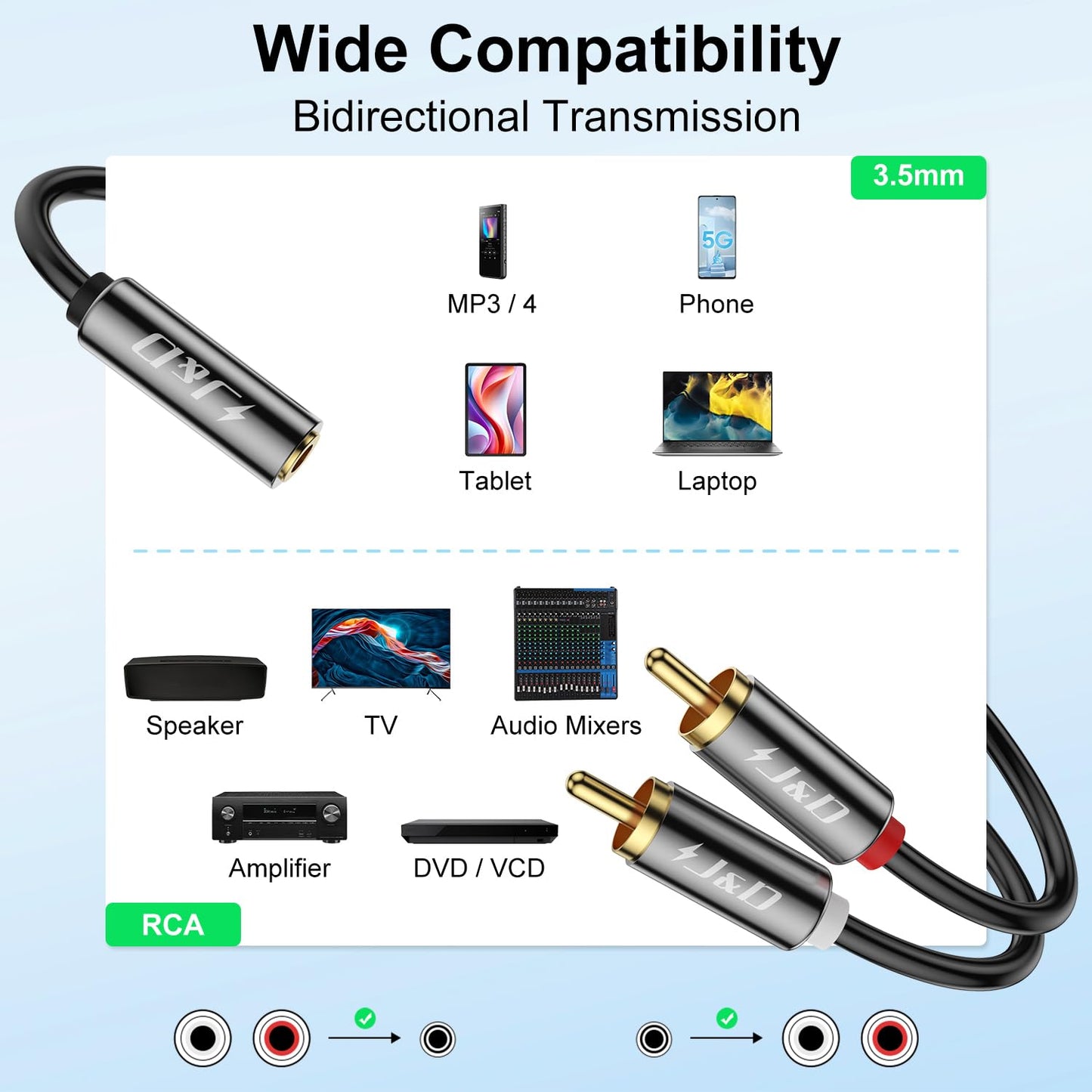J&D 3.5mm to RCA Adapter Cable, Gold Plated 3.5mm Female to 2 RCA Male Stereo Audio Y Cable for Record Player, Speakers, Home Theater, Smartphone