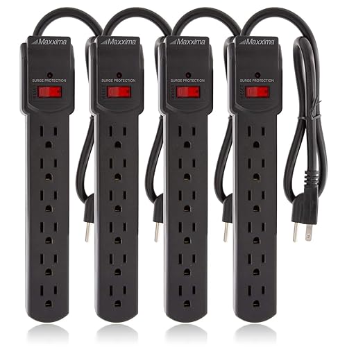 Maxxima 4-Pack 6 Outlet Power Strip Surge Protector - 300 Joules, Features Red On/Off Switch, Powers Multiple Electronics and Devices Simultaneously