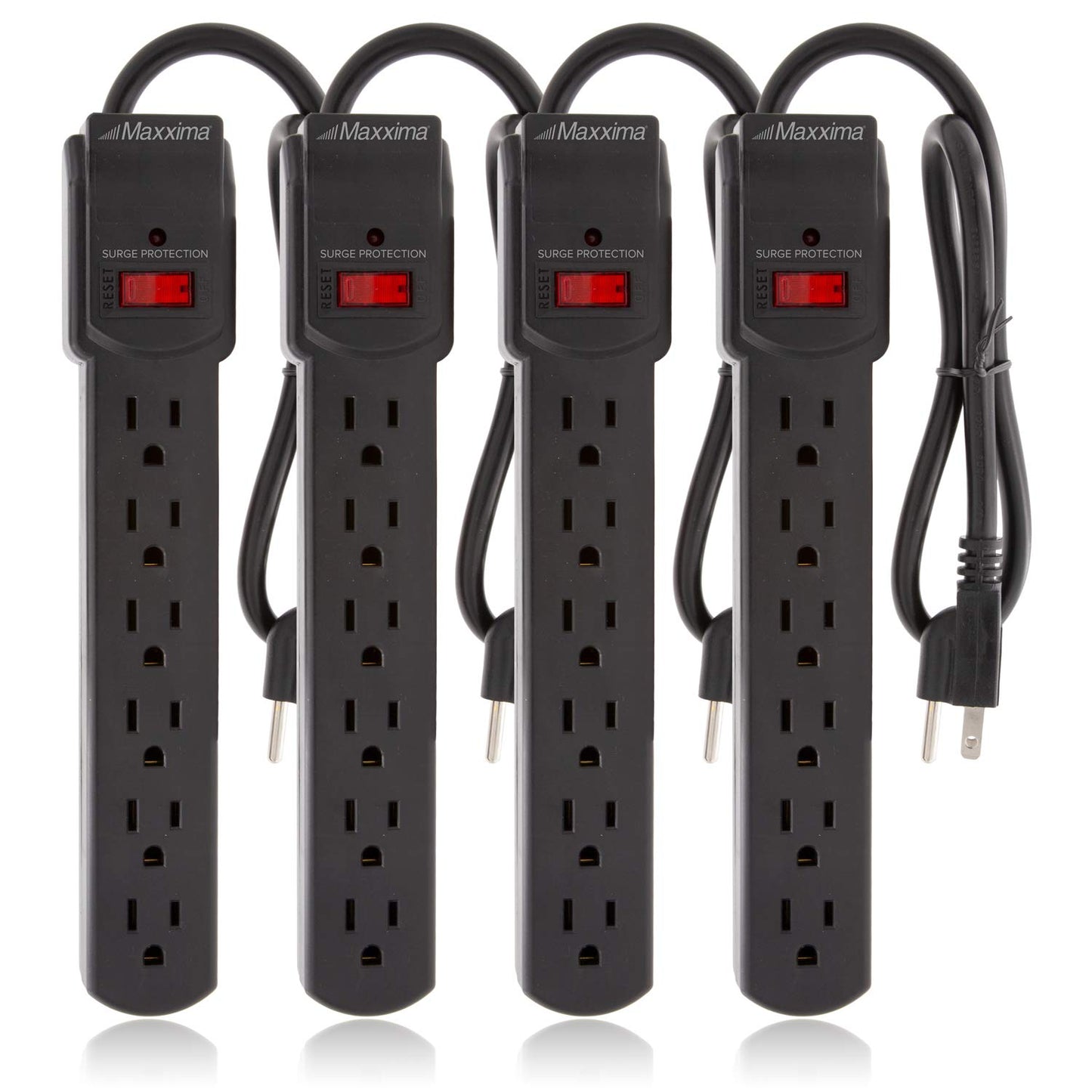 Maxxima 4-Pack 6 Outlet Power Strip Surge Protector - 300 Joules, Features Red On/Off Switch, Powers Multiple Electronics and Devices Simultaneously