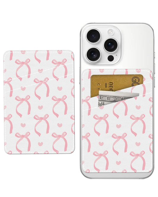 AWHSCP Cute Pink Bow Phone Wallet, Dual Pocket Credit Card Sticky Wallet, Compatible with Most Cell Phones, Adults, Unisex, Faux Leather, Phone