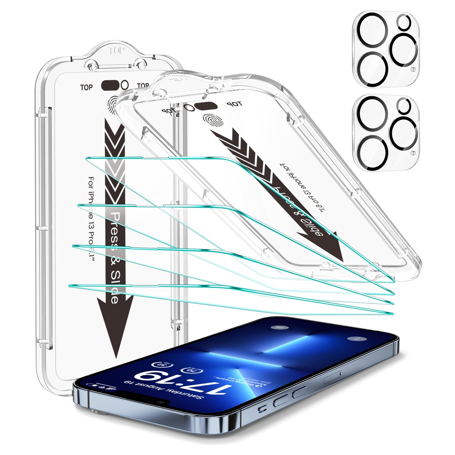 EZ-GLAZ-4-Pack Screen Protector for iPhone 13 Pro 6.3 inch Transparent HD Clear with Flawless Fit Kit + 2-Pack Camera Lens Protector, Bubble-Free