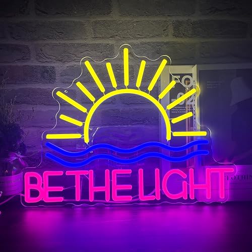 Be The Light Neon Sign Yellow Sunrise Neon Light Inspirational Letter Neon Light Up Sign Boho Wall Art LED Light Sign for Party Birthday Home Bedroom