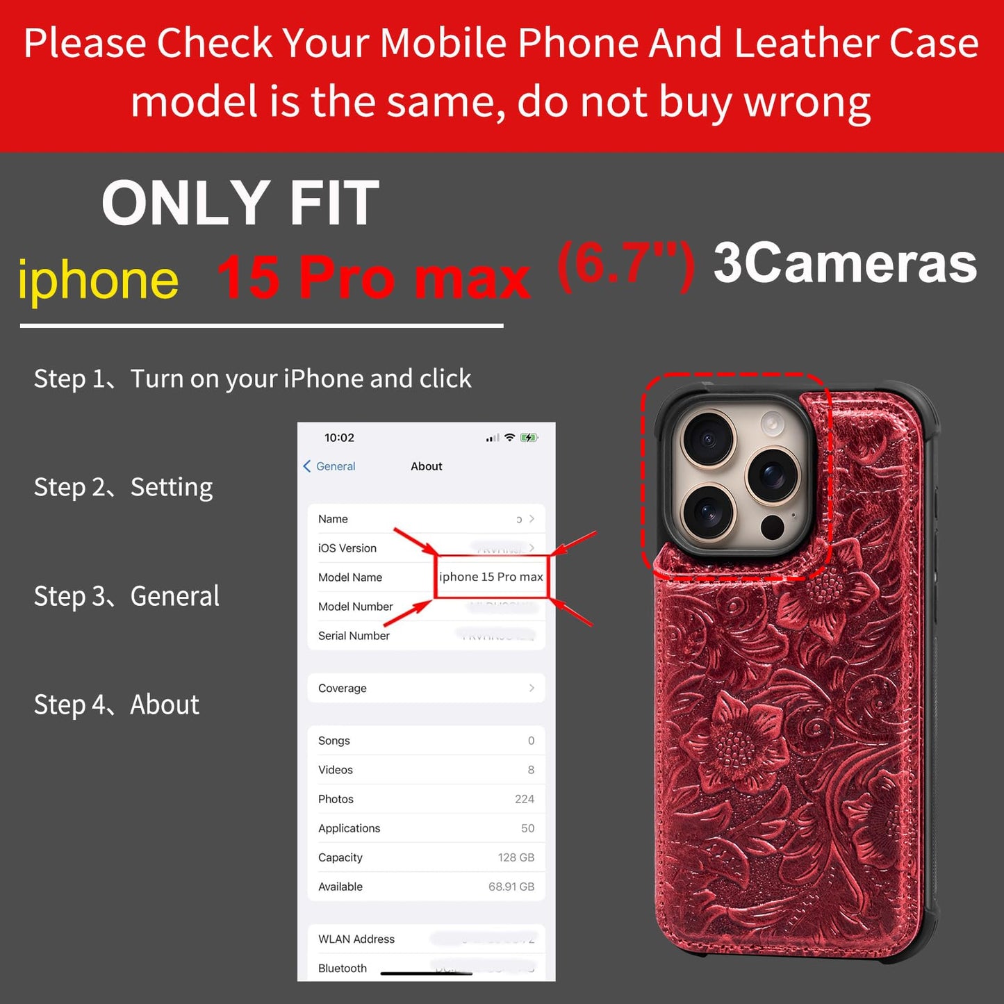 RMAWRAD Wallet Real Leather Case Compatible with iPhone 15 Pro Max 6.7" Red