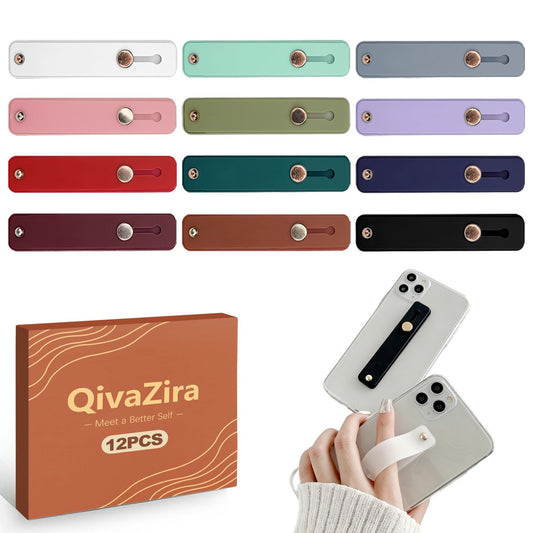 QivaZira 12 Pack Phone Finger Strap Silicone Grip Loop Holder for Universal Cell Phone Case Adhesive Back Loop for One Hand Operation Mobile Phone