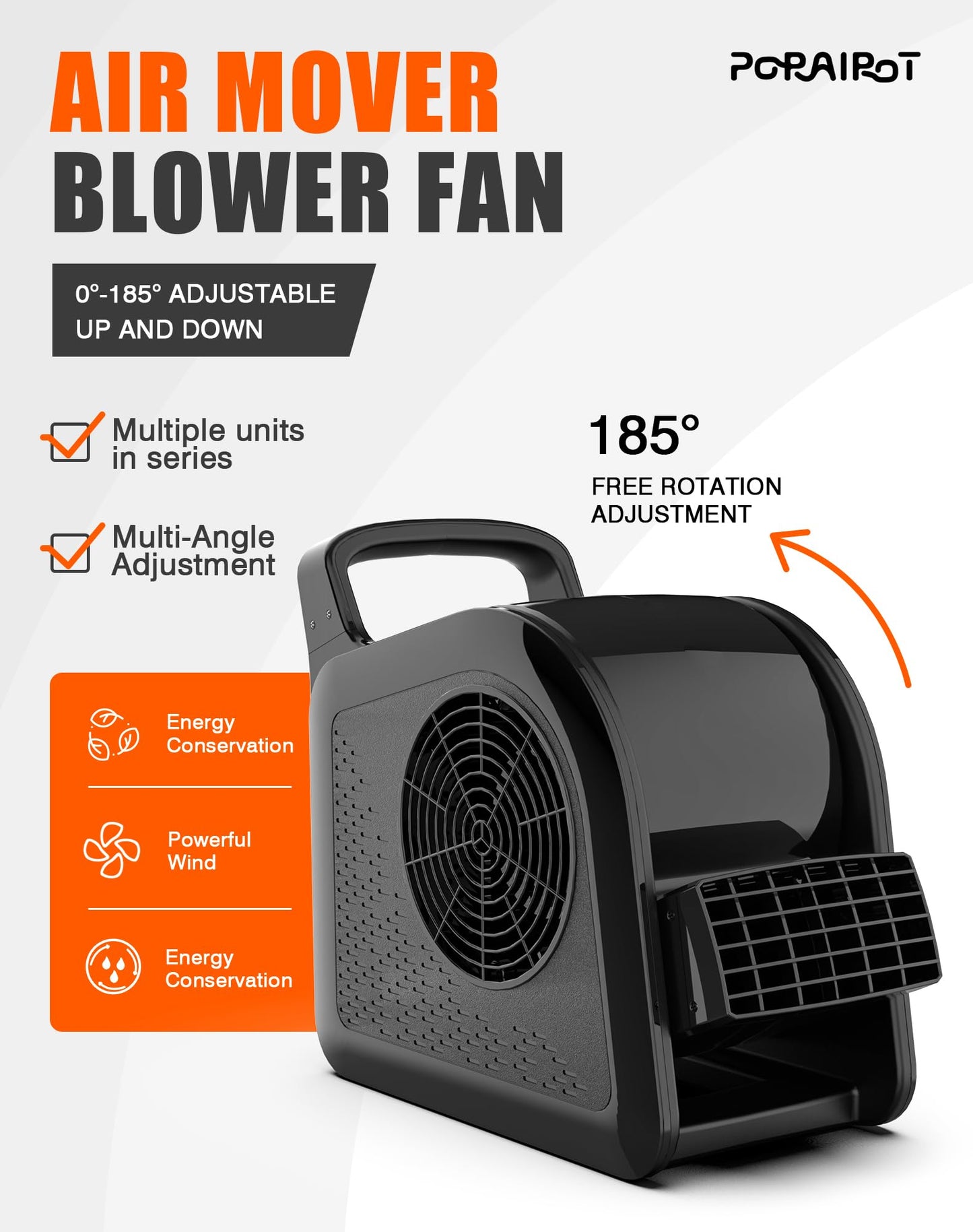 Porairot Blower Fan for Drying Cooling and Ventilating, Air Mover for Home Garage Workshop and Job Site Use, Air Mover Blower Fan with 185° Rotation