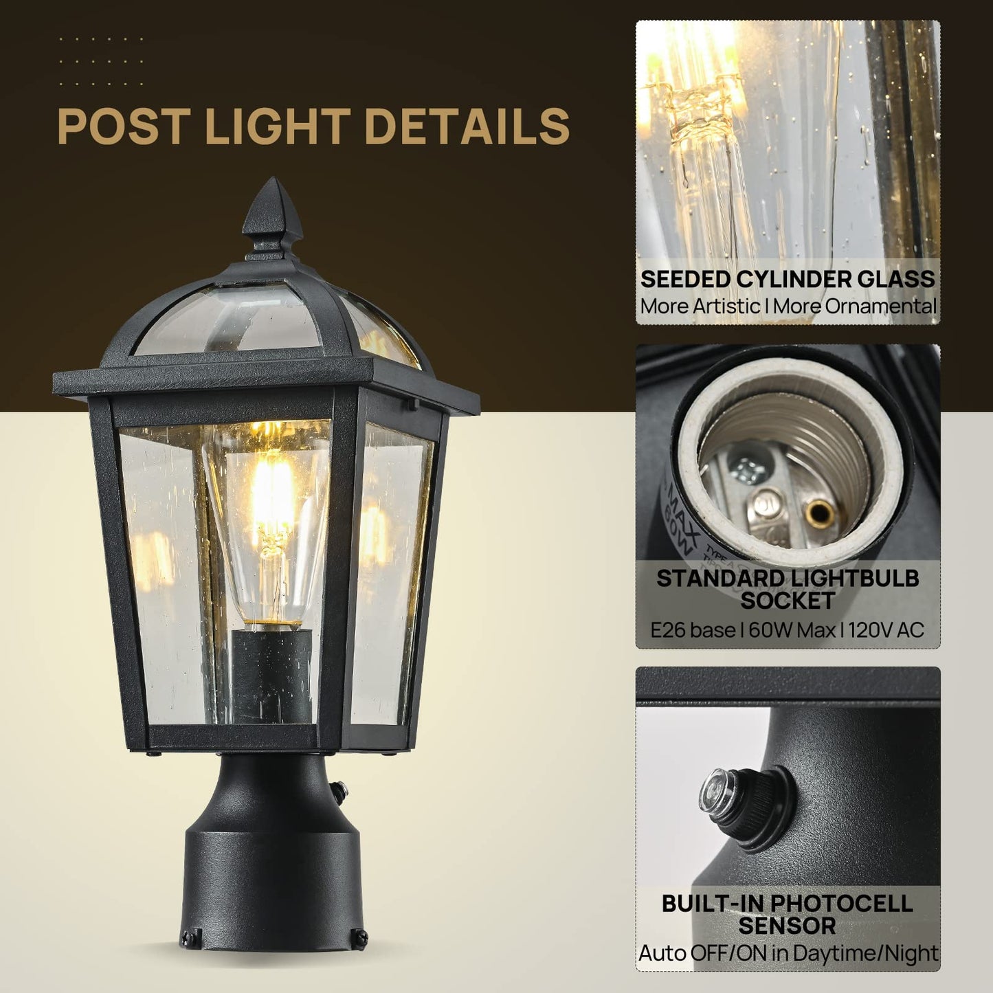 Moonlok Dusk to Dawn Outdoor Post Light, Waterproof Pole Lantern Light Fixture, Seeded Glass Exterior Matte Black Lamp Post Light for Yard, Garden