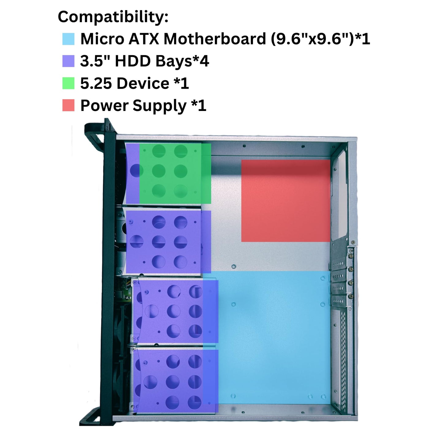 RackOwl 2U Server Chassis, Server Case; 4X 3.5/2.5" HDD Bays, 1x 5.25 Device, Support Micro-ATX Motherboard; Rear Fans: 2X 80mm, Size: 16.9"x 3.5"x