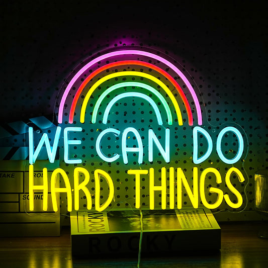 We Can Do Hard Things Neon Sign USB Powered Rainbow Neon Light for Wall Decor Colorful Dimmable LED Light Up Sign for Bedroom Classroom Party